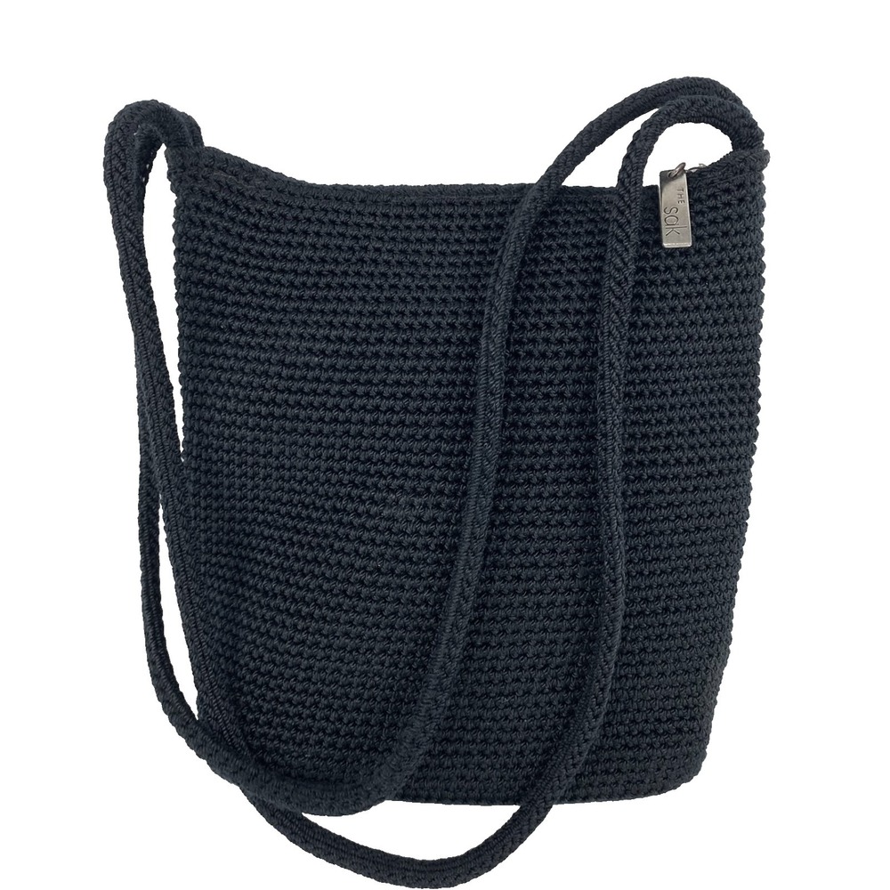 The Sak Crochet Shoulder Bag Black Double Straps Purse Satchel Zip Top Medium Lg
